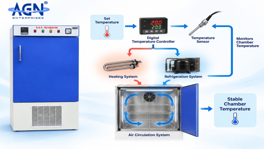 BOD incubator working principle showing temperature sensor heating cooling and air circulation