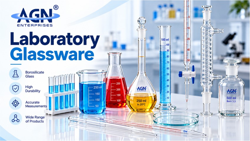 Top 10 laboratory glassware manufacturers in India featuring laboratory beakers, flasks and glass equipment