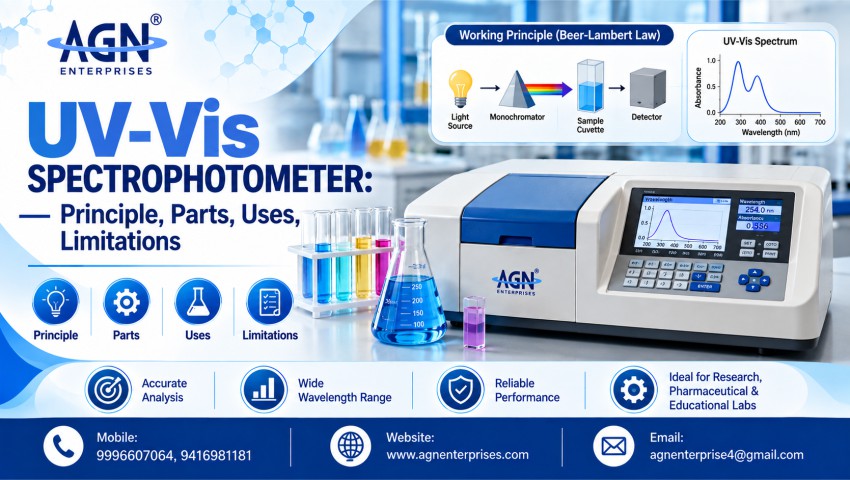 UV-Vis spectrophotometer for laboratory analysis showing principle, parts, working and applications