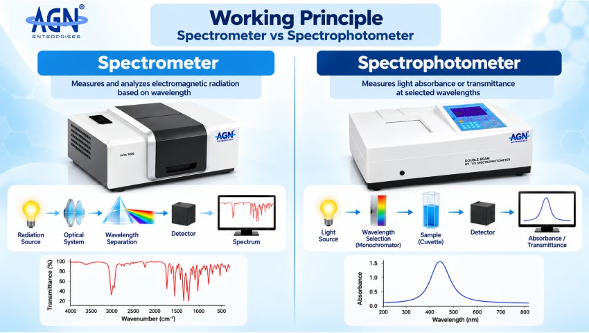 Spectrometer and spectrophotometer working principle showing light source sample detector and spectrum